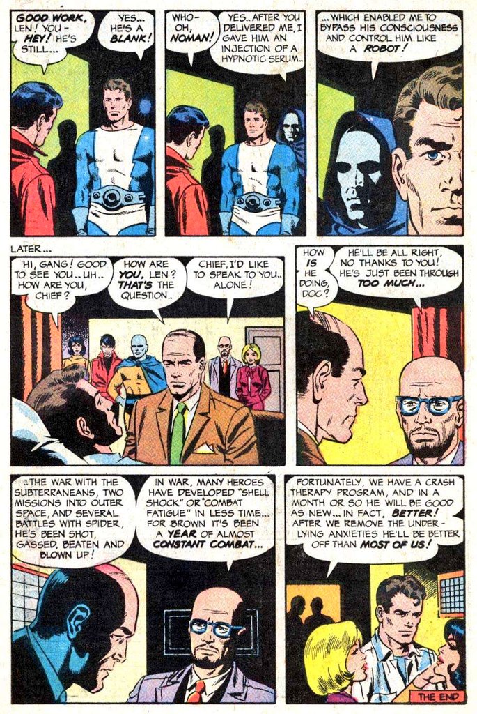 Dynamo in "A Slight Case Of Combat Fatigue" (finale) script: unknown, pencils: Dan Adkins, 
inks: Wally Wood from T.H.U.N.D.E.R. Agents#16 (1967
Tower Comics)