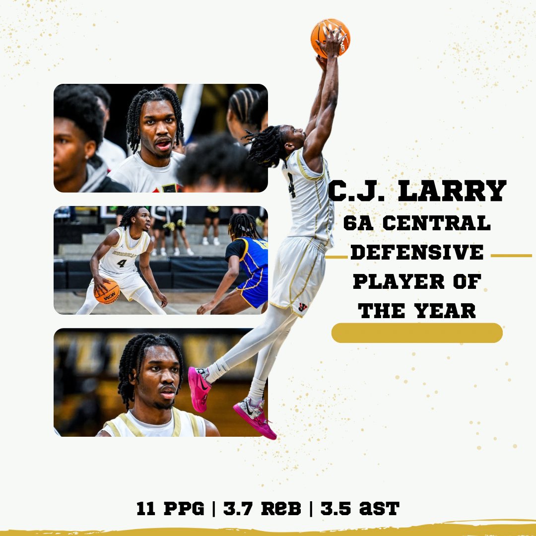 Closing out the honors, <a href="/C1arry/">CJ Larry</a> earned the 6A Central Defensive Player of the Year Award! Defensive toughness is a cornerstone of our program, and C.J. embodies that every time he steps on the court. Well deserved!