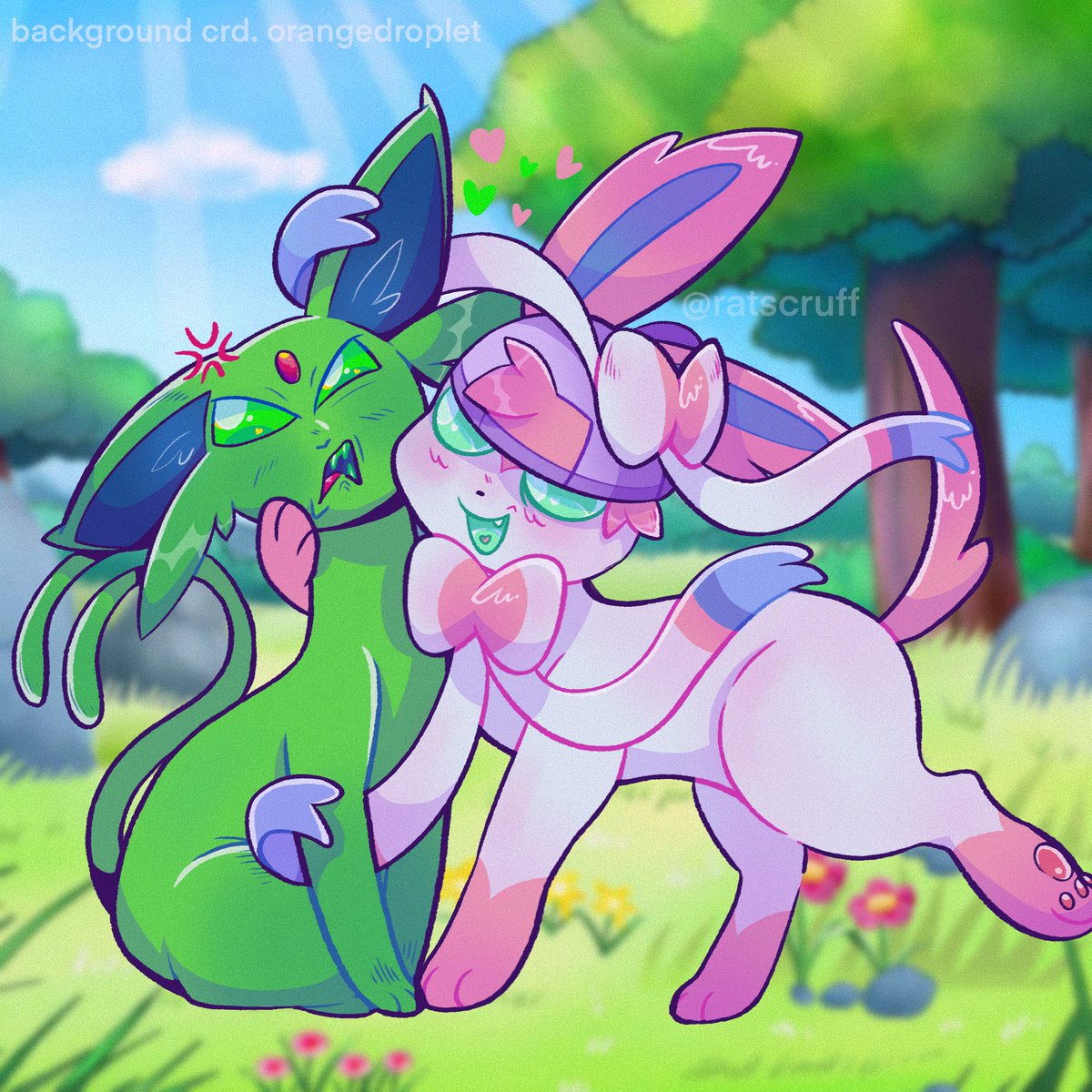 ratgnaw's tweet photo. Espeon &amp; Sylveon that won't leave him alone 💚💗
#yumetwt #capshake #selfship https://t.co/TJrOLp0yfj