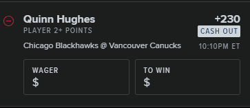 Chedzz's tweet photo. VAN vs CHI SGP + Quinn Hughes Solo 🏒🥅

Dont like the price between 2 assists and points, so taking Quinn Hughes 2 solo bet as the lay fell 1 short.

Then running these SGPs for some late night fun 

#NHLPicks #GamblingX https://t.co/5mLunrklC0