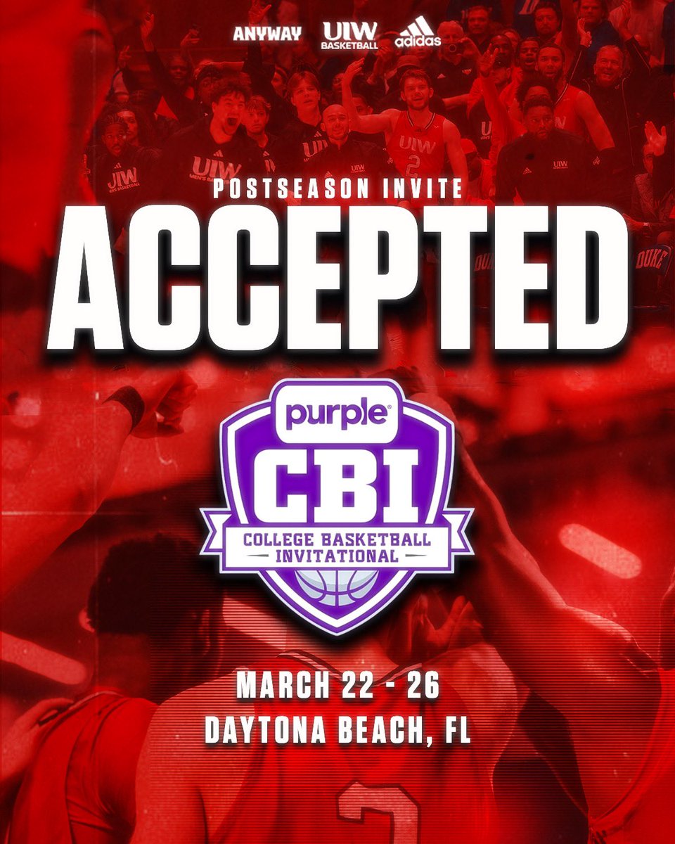 UIW Men's Basketball (@uiwmbb) on Twitter photo NOT. DONE. YET.
We have accepted an invitation to play in the <a href="/CBITourney/">Purple CBI</a> from March 22-26 in Daytona Beach, FL!
#ANYWAY | #TakeFlight NOT. DONE. YET.
We have accepted an invitation to play in the <a href="/CBITourney/">Purple CBI</a> from March 22-26 in Daytona Beach, FL!
#ANYWAY | #TakeFlight