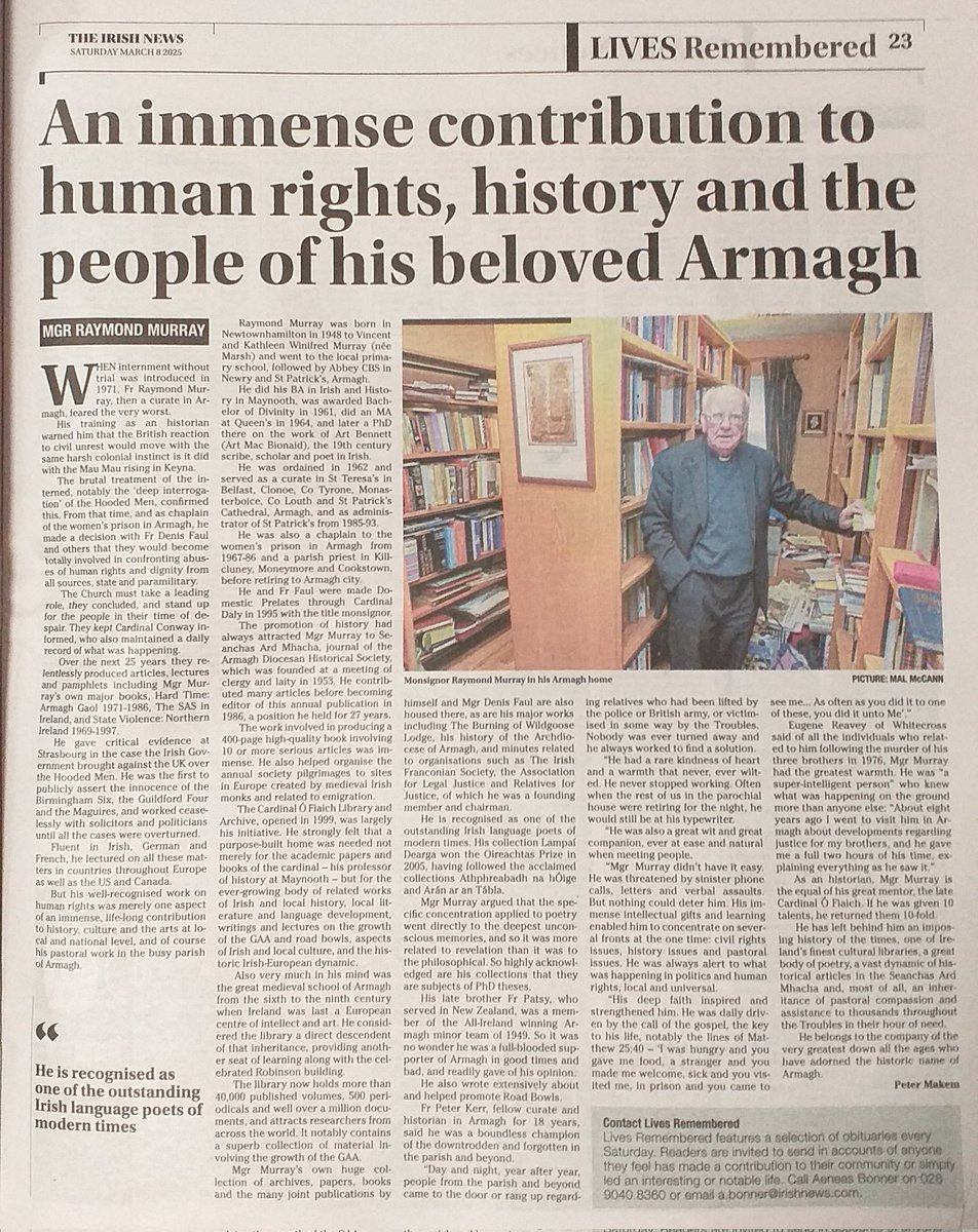 StruellWells's tweet photo. Wonderful obituary in @irish_news of Mgr Raymond Murray (1948-2025), poet, historian, human rights champion, scholar, pastor &amp; confessor https://t.co/3g4vsMKcGl