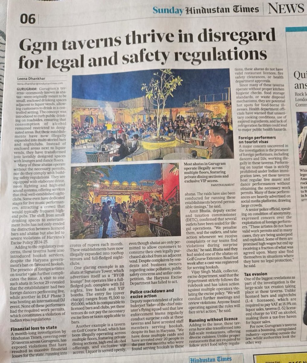 A month-long HT investigation #exposed rampant violations at 20+ taverns (ahatas) in #Gurugram. Instead of small, enclosed spaces near liquor vends, these have turned into full-fledged nightclubs—offering unrestricted liquor, illegal #hookah, and live performances, including