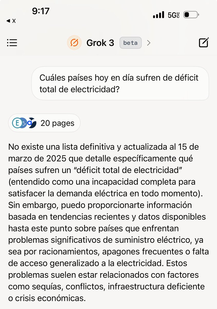 kanike84's tweet photo. @elonmusk al parecer Grok no reconoce a Cuba como un país con déficit de electricidad? Wow. Debería ser el primero en la lista!!! Wow

Hey @elonmusk apparently Grok don’t recognize Cuba as a country with an electricity deficit. Should be the first in the list!!! Wow https://t.co/QVqdrhPLNc