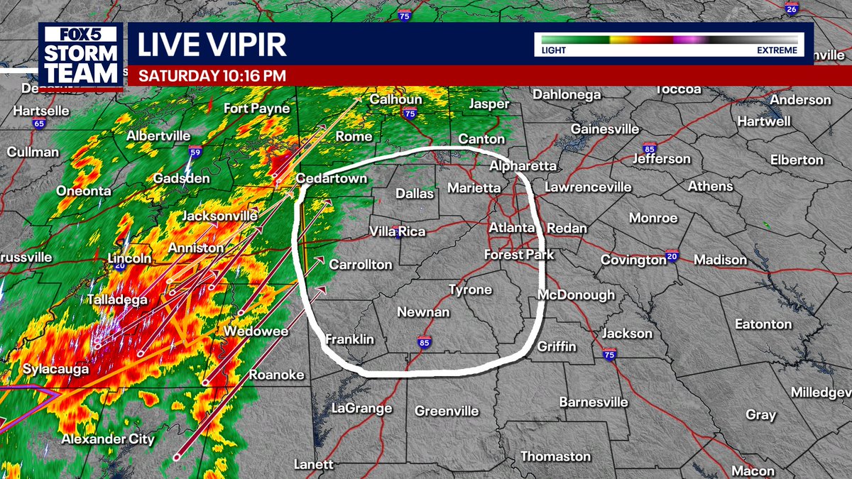 AForbesWx's tweet photo. This area west of Atlanta (Marietta, Dallas, Carrollton, Douglasville, Newnan, etc.) is going to get pretty active in the next hour or so. 

@FOX5Atlanta @FOX5StormTeam #GAwx https://t.co/LTfggvaqpL