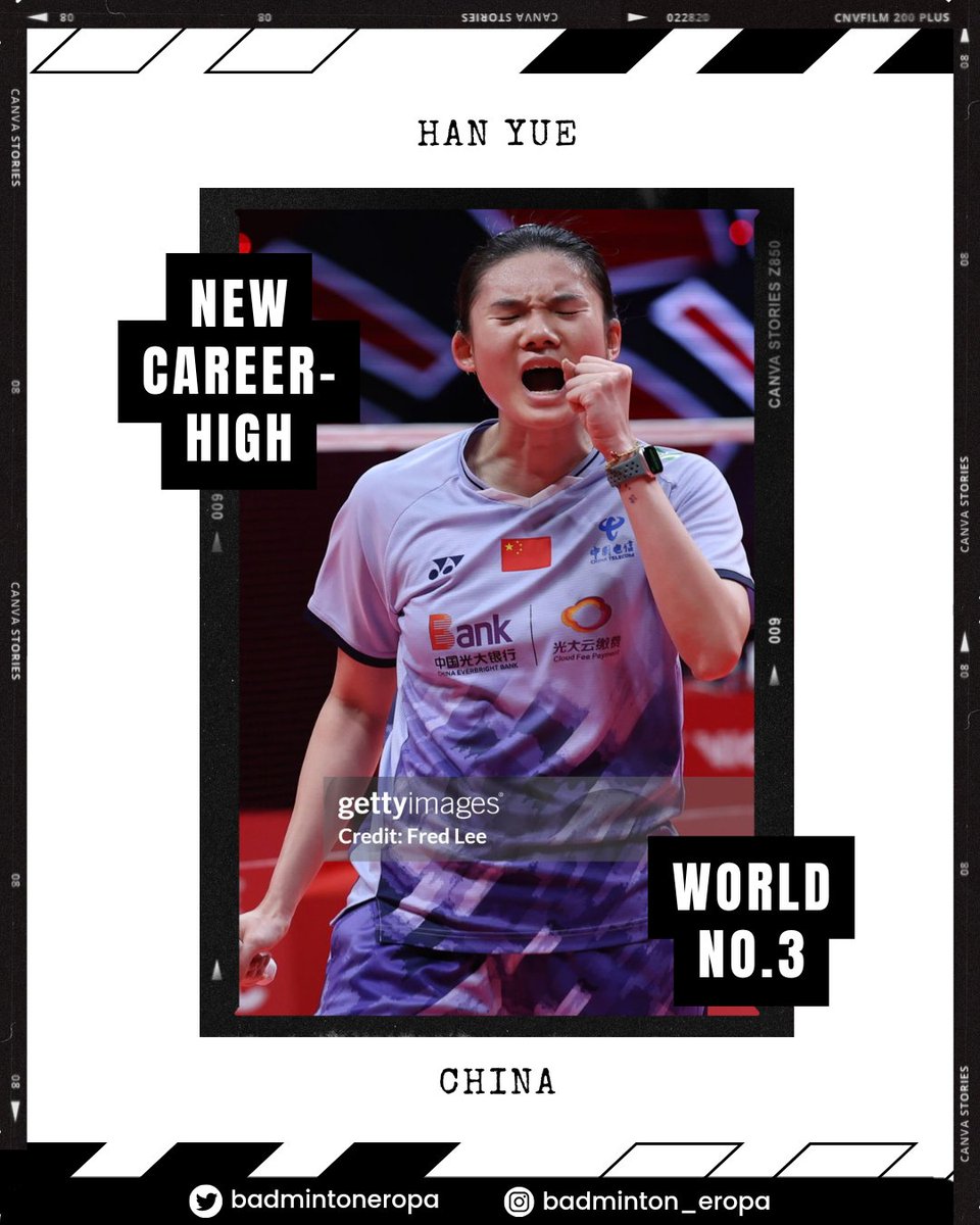 badmintoneropa's tweet photo. Han Yue (🇨🇳) is set to achieve her career-high ranking after the All England wraps up! She will rise to World No. 3 in women's singles in the upcoming ranking release. China once again has two players in the women's singles Top 3—amazing! 🔥🔥
#BWFLiveRanking
#BadmintonEropa https://t.co/PkQkE5oR7s