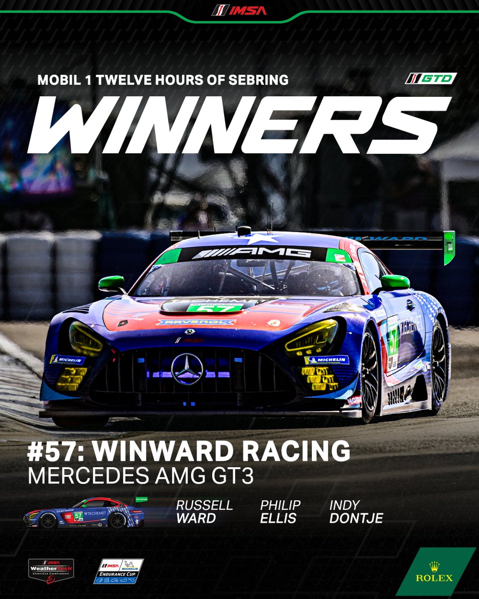 IMSA's tweet photo. Congratulations to the No. 57 Winward Racing Mercedes AMG GT3 Team on winning the 73rd Mobil 1 Twelve Hours of Sebring in the GTD Class!!! 🏆

@WinwardRacing | @MercedesAMG https://t.co/ZmiNcVcZQD