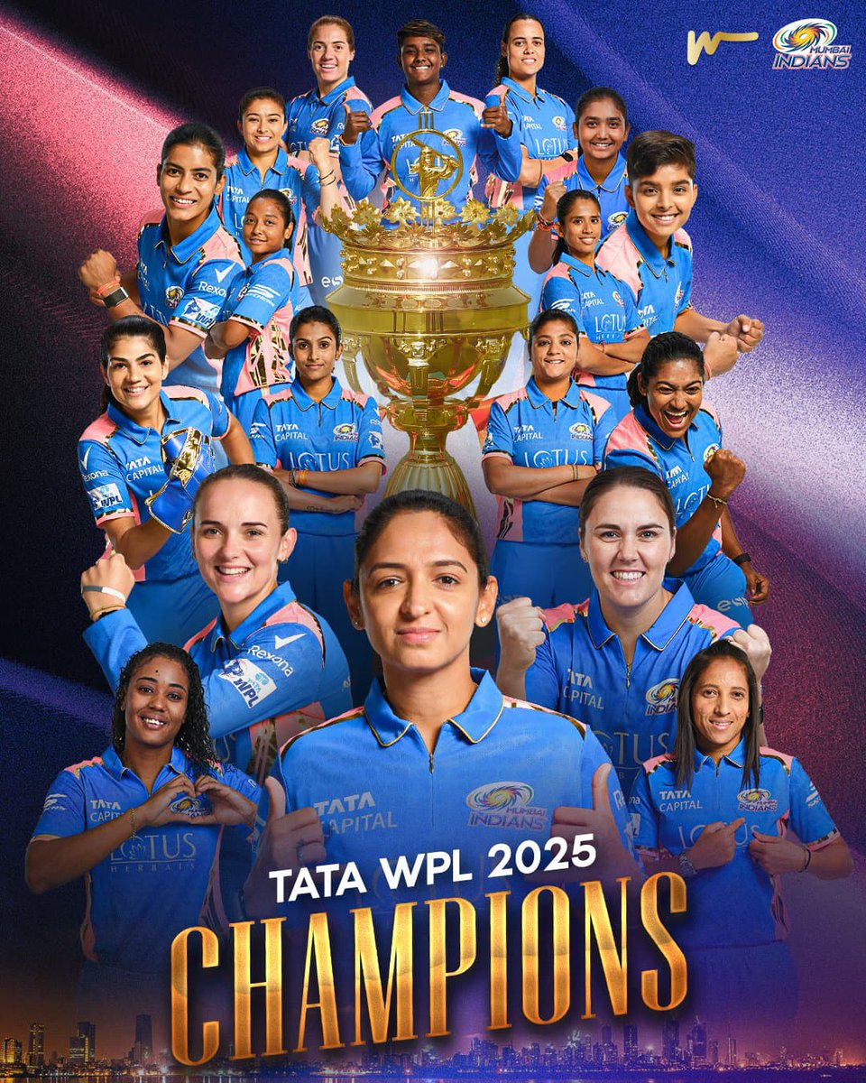 BJYM4Mumbai's tweet photo. π Mumbai Indians are WPL 2025 Champions! π
A thrilling win and a historic moment for womenβs cricket! ππ₯
#MIWPL #Champions #WPL2025Final https://t.co/KLr3uYtH7L