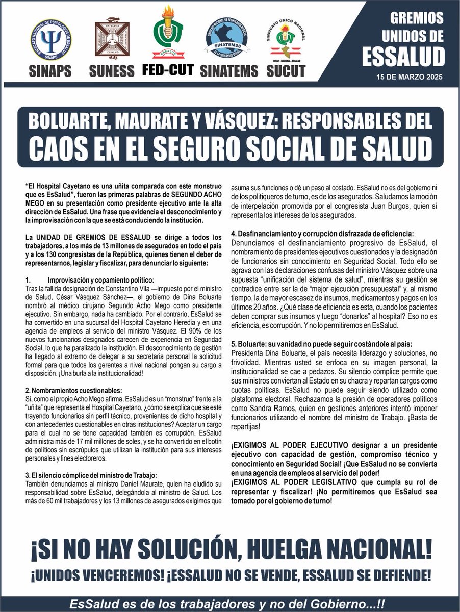 Willy_PonceC's tweet photo. #Presidente ⁦@DinaBoluarte_⁩ y ministro ⁦@DanielMaurateR⁩ ponen en riesgo la salud y la vida de más de 13 millones de peruanos; generan caos en las redes asistenciales de ⁦@EsSaludPeru⁩, No a la compra de votos SI a la interpelación de ⁦@MTPE_Peru⁩ ¡AHORA! https://t.co/EjAB3DRLX1