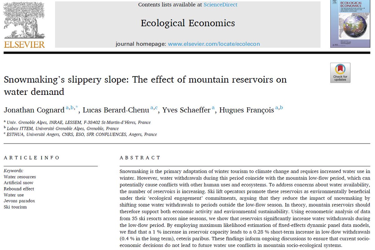 Our latest paper: "Snowmaking's slippery slope: The  effect of mountain reservoirs on water demand," is now published in Ecological Economics! Discover how mountain reservoirs impact water use  and sustainability in ski regions. #Sustainability  #WaterManagement <a href="/ecologicalecono/">Ecological Economics</a>