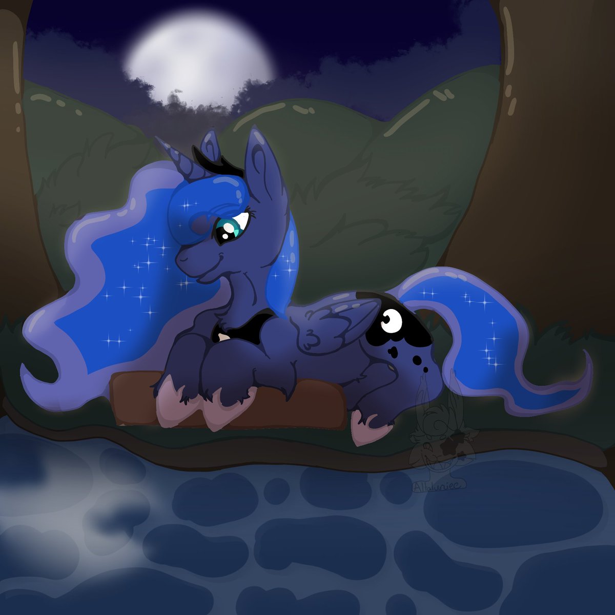 Altaluniee's tweet image. "The princess laid happily beside the water edge, watching the reflection of the moon shimmer in the water"

A fan art piece for Princess luna from MLP
#mlp #princessluna #mlpfanart