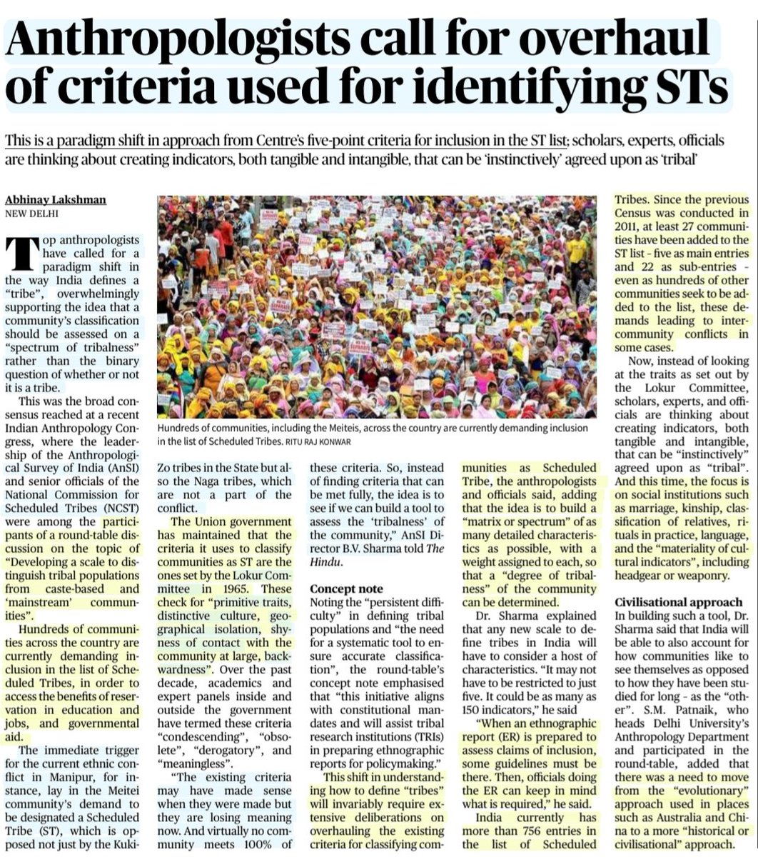 imRavikantYadav's tweet photo. 'Anthropologist call for overhaul of criteria used for identifying STs'
:Details by Sh Abhinay Lakshman
Current criteria for #ScheduleTribes - #LokurCommittee -
#PrimitiveTraits ,Distinctiv #culture ,#GeographicalIsolation ,shyness of contact, Backwardness
#UPSC
Source:TH https://t.co/VNHkpLI2w3
