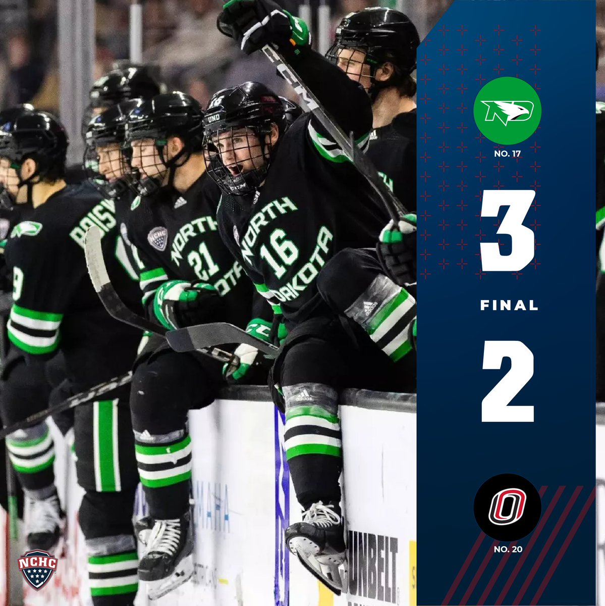 TheNCHC's tweet photo. North Dakota completes a quarterfinal sweep on the road with a repeat score! 🧹🟢⚪️

#NCHChockey // #UNDproud https://t.co/QKk0QLNYO8