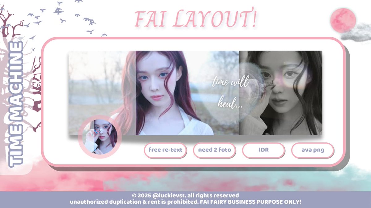 luckievst's tweet image. ♡ any interactions are appreciated!

hi boleh bantu ospek anak baruku? namanya time machine. mau sekalian saran harga. kira2 brp ya? kalau ada kesamaan boleh ketuk dmku baik2! anyway aku mau giveaway layout pakai template ini untuk 2 orang. cek alt for more! thank you! #zonauang