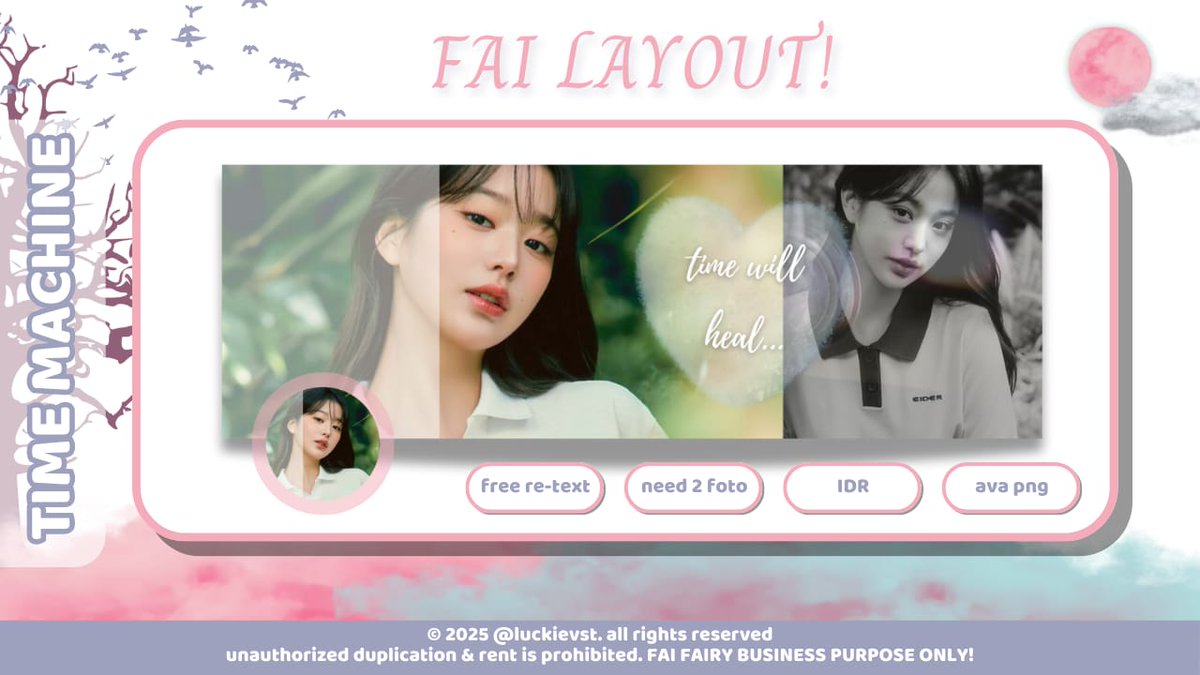 luckievst's tweet image. ♡ any interactions are appreciated!

hi boleh bantu ospek anak baruku? namanya time machine. mau sekalian saran harga. kira2 brp ya? kalau ada kesamaan boleh ketuk dmku baik2! anyway aku mau giveaway layout pakai template ini untuk 2 orang. cek alt for more! thank you! #zonauang