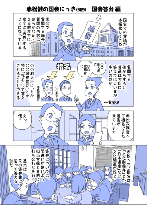 #赤松健の国会にっき (日曜に更新)
(309)国会答弁 編
国会の委員会等での質問内容は、与野党間のルールで「原則2日前までに担当省庁へ通告する」ことになっています。もし締切を破って前日の深夜に出したりすると、官僚が徹夜で作業することに・・・。締切は守ろう! 