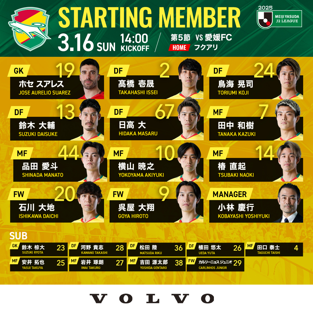 3月16日 #第5節 #愛媛FC #14時キックオフ ⚽ スターティングメンバー