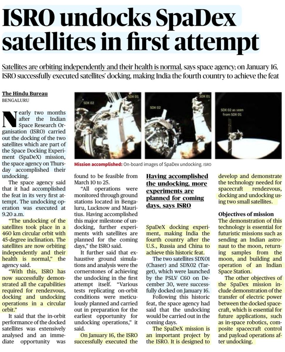imRavikantYadav's tweet image. &apos;ISRO undocks SpaDex satellites in first attempt&apos;

:Details 

#SPADEX #Undocking #Satellites 
#Docking #ISRO
#isromissions
#Chaser #target #FarRendezvous 
#LVM3 #HLVM3 #CARE #pslvc59 #Gaganyaan 
#BAS #Chandrayaan4 
#Moon #Indian #SpaceStation
#Space #research

#UPSC 

Source: TH