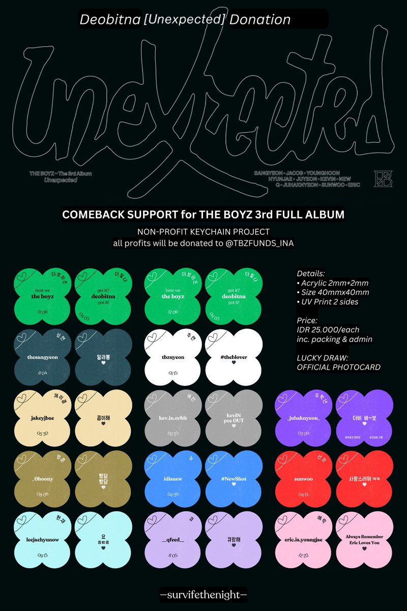 Deobitna [Unexpected] Donation
THE BOYZ COMEBACK SUPPORT
🍀 Non-profit Keychain Project 🍀

🗓 ~ 20/3/2025 (23.59 WIB)
🏷 IDR 25.000/each

🔗 bit.ly/DeobitnaUnexpe…

DM me for more info <3