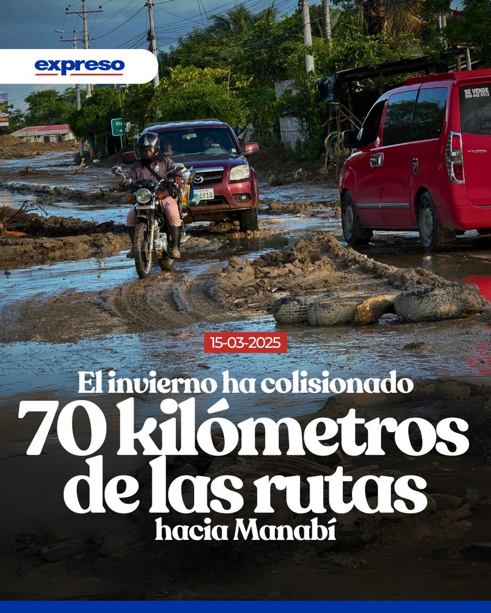 Expresoec's tweet photo. El invierno sigue afectando a Manabí, con inundaciones y daños en 70 kilómetros de carreteras, dejando tramos intransitables por el desbordamiento de ríos y quebradas.

Conoce más: https://t.co/qm24nJW0bH https://t.co/WgrKan2Wri