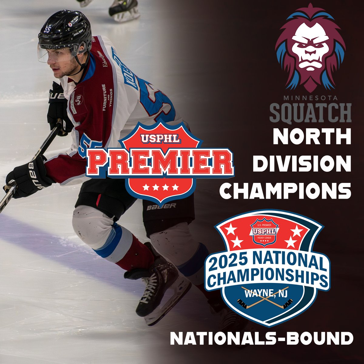 USPHL's tweet photo. #USPHLPlayoffs: @mnsquatchhockey has closed out their series against the Wisconsin Rapids Riverkings in two games, winning 5-2 on Saturday night for a 2-0 series sweep.

Jay Ellingson scored a goal and added two assists, Cannon Bonifay put up a goal and an assist, Jacob Sinclair sent home the GWG and Anyon Bennett stopped 38 of 40 shots in net. Dominic Hite made 36 saves on 41 shots for the Riverkings.

The Squatch will make their second straight trip to the #USPHLNationals, which takes place March 20-24 in Wayne, N.J.