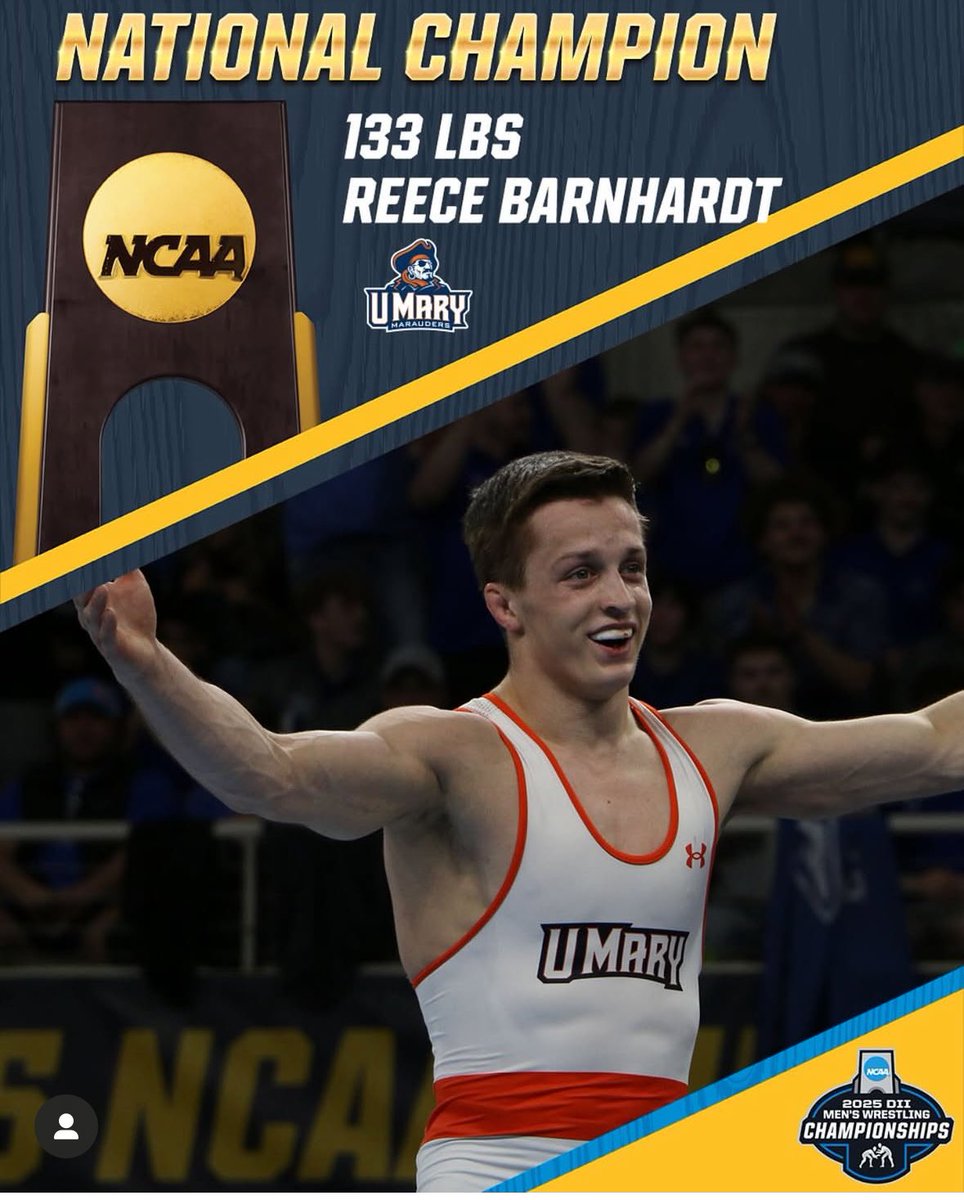Matpacwrestling's tweet photo. From MATPAC Wrestling Club to College Glory: 2 Alumni Show With Hard Work &amp;  Big Dreams, Anything Is Possible!  
Reece Barnhardt NCAA Division II National Champion &amp;Kaden Renner’s first trip to NCAA Tournament ends with a 7th-place finish &amp; All-American status @UMaryWrestling https://t.co/Xhw6pFeCCt
