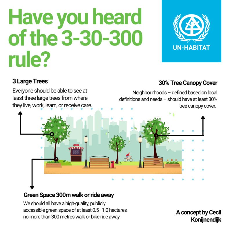 UN Biodiversity (@unbiodiversity) on Twitter photo The 3+30+300 Principle: Three trees, 30% canopy coverage, and a green space within 300m create healthier, climate-resilient cities.
Developed by Cecil Konijnendijk, it supports well-being, resilience, and biodiversity.
Learn more in the 2024 World Cities Report.
via <a href="/UNHABITAT/">UN-Habitat</a> The 3+30+300 Principle: Three trees, 30% canopy coverage, and a green space within 300m create healthier, climate-resilient cities.
Developed by Cecil Konijnendijk, it supports well-being, resilience, and biodiversity.
Learn more in the 2024 World Cities Report.
via <a href="/UNHABITAT/">UN-Habitat</a>