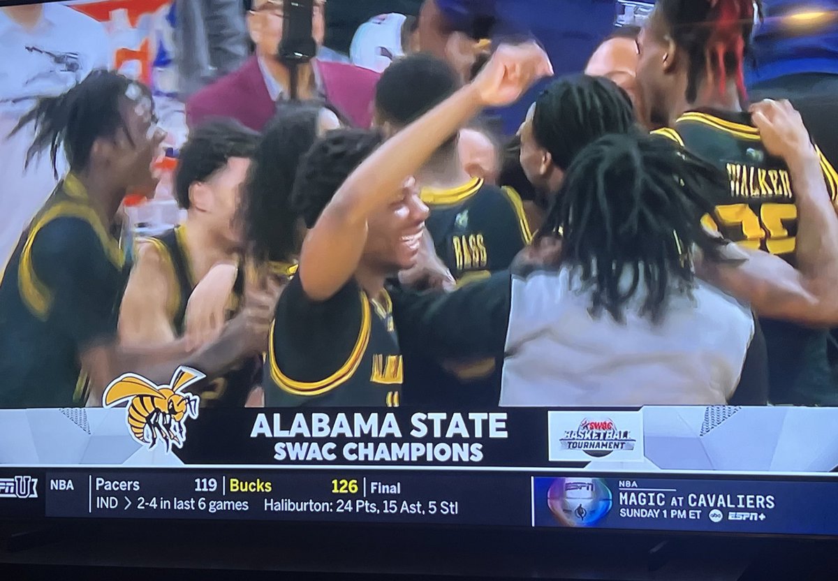 THE ALABAMA STATE HORNETS ARE GOING DANCING FOR THE FIRST TIME SINCE 2011!

WINNERS OF 10 OF ITS LAST 11! THEY BEAT THEIR FORMER HEAD COACH AND JACKSON STATE TO CLINCH THE SWAC AUTO BID!

SO HAPPY FOR HERBERT SEWARD AND HORNET NATION! ALABAMA STATE!

TONY MADLOCK CAN COACH BALL!