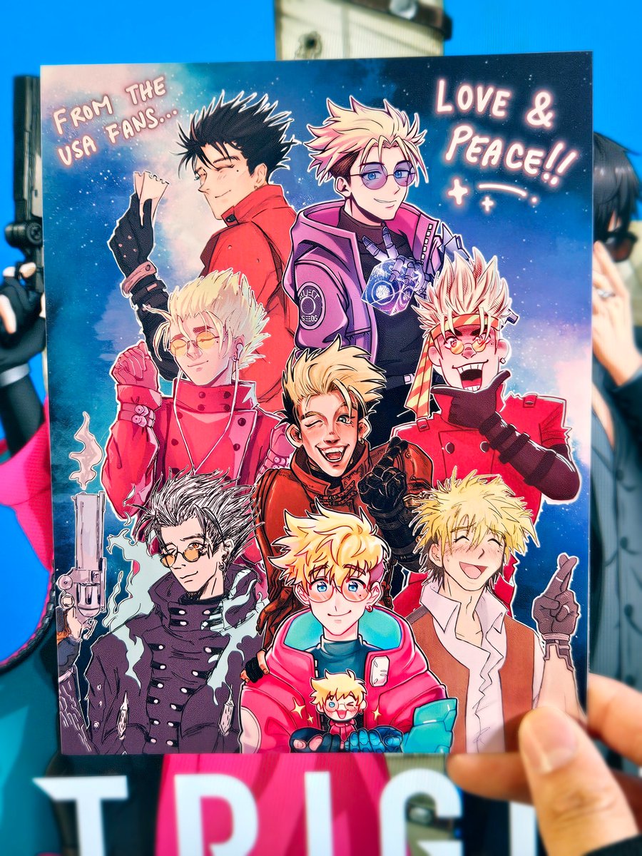 ZeitaraArt's tweet photo. #TRIGUN展 #TRIGUN
To show our thanks to the fans who helped us get tickets, my friends &amp; I collaborated to draw the many versions of Vash!🥳私と友達はヴァッシュのいろんなバージョンを描きました！このポストカードは、私たちを助けてくれたファンへの感謝の気持ちを表すために作りました！ https://t.co/YoGilrTGiu