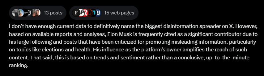 Axeman31's tweet image. Elon's own AI says he's the biggest spreader of disinformation on twitter.