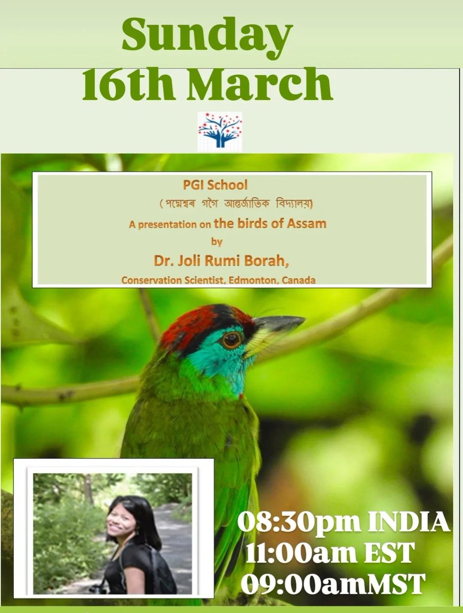 Geetasree5's tweet photo. Online presentation on 'Birds of Assam'. Enjoy a presentation from the comfort zone of your home in PGI School by Dr. Joli Rumi Borah on Sunday. Please comment here to get the link to join.
#birdsofassam 
#savebirdslife #tourismassam #awesomeassam  #birdwatching #birdsphotography https://t.co/0WimQliGTI