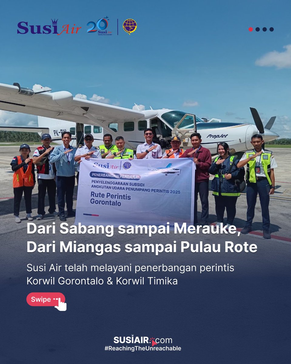 susiair's tweet photo. Dari Sabang sampai Merauke, Dari Miangas sampai Pulau Rote, kini telah dijangkau oleh Susi Air #SampaiUjungSeluruhIndonesia.
Susi Air telah memulai penerbangan perintis Korwil Gorontalo dan Timika, memperluas jaringan penerbangan perintis Susi Air. #FlyWithSusiAir https://t.co/sp7gHGC18F