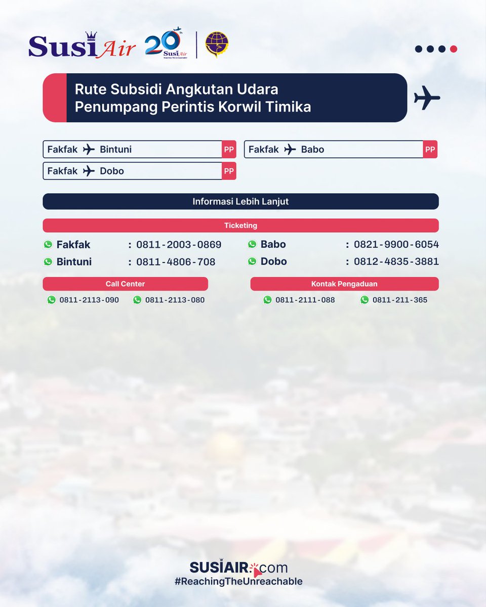 susiair's tweet photo. Semoga penerbangan ini dapat semakin mempermudah mobilisasi dan mempercepat kemajuan daerah. Sampai bertemu di penerbangan kami!
Swipe untuk info rute perintis kami! Utk infolebih lanjut, silakan hub call center kami di +62-8111-2113-080 atau +62 811-2113-090. #FlyWithSusiAir https://t.co/Gx6TEtTur2