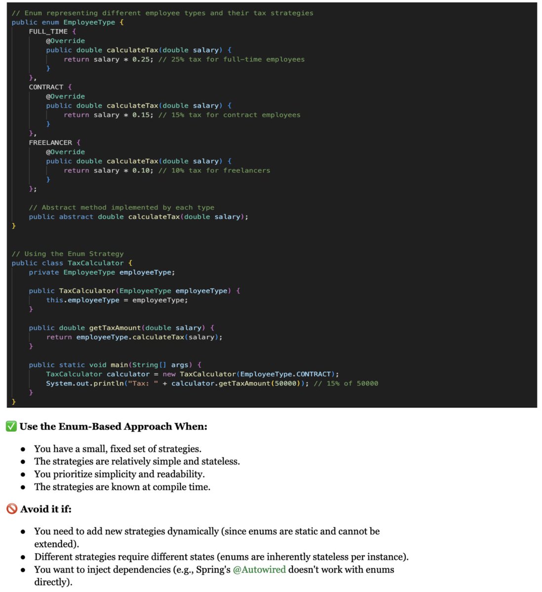 theskilledcoder's tweet image. Enum-Based Strategy Pattern Java

- The Enum-Based Strategy Pattern is best suited for scenarios where the set of strategies is fixed and won&apos;t change at runtime.

- Enum based patterns are good for simplicity, readability and conciseness.