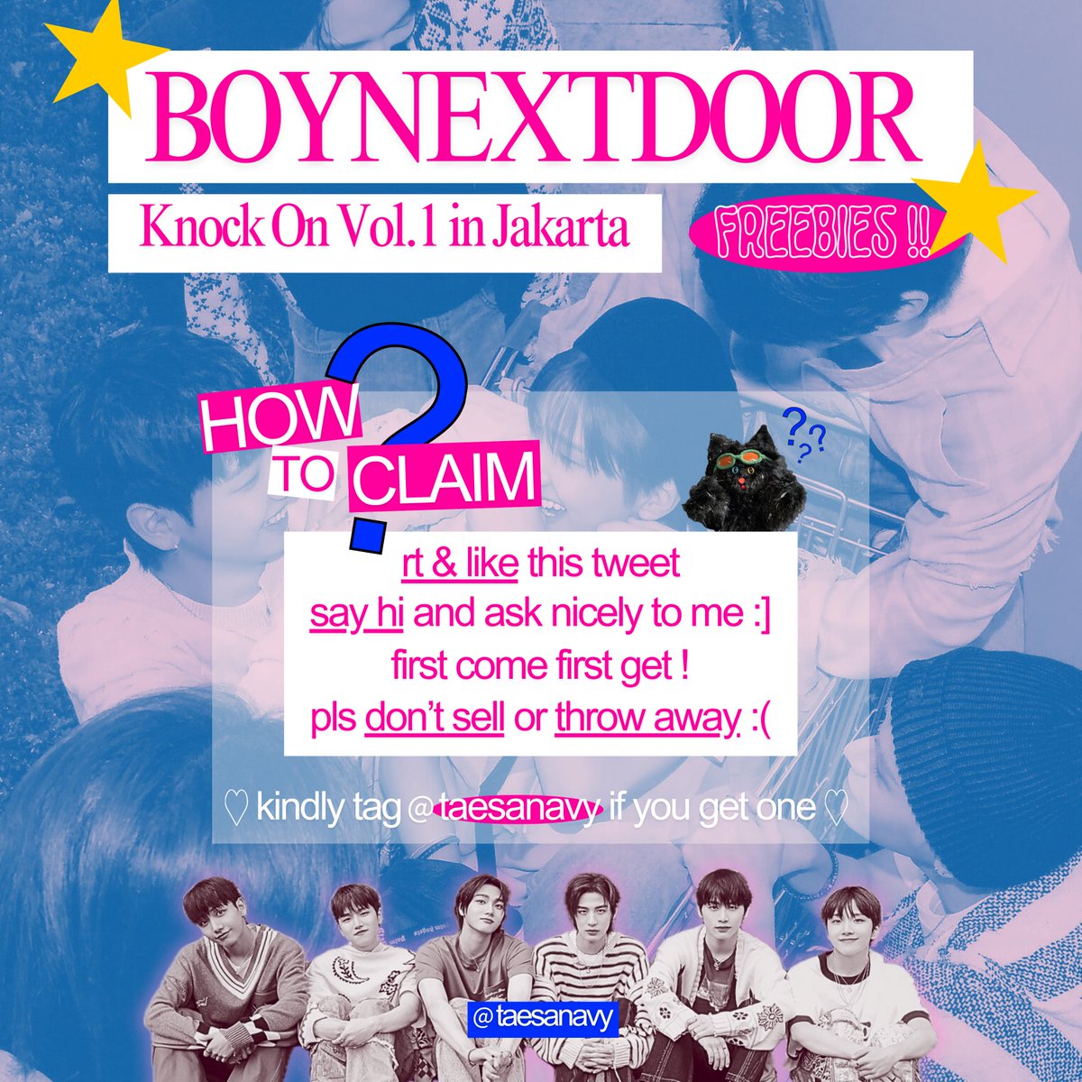 taesanavy's tweet photo. ★ BOYNEXTDOOR Knock On Vol. 1 in JKT ★
— freebies by @taesanavy

⌗ april 12th, 2025
⌗ istora senayan
⌗ details on pic &amp; additional info tba :3
❗️limited quantity 

🗯️ . . . see you onedoorz !! 

#KNOCK_ON_VOL_1_In_Jakarta https://t.co/lD2CTa7hHS