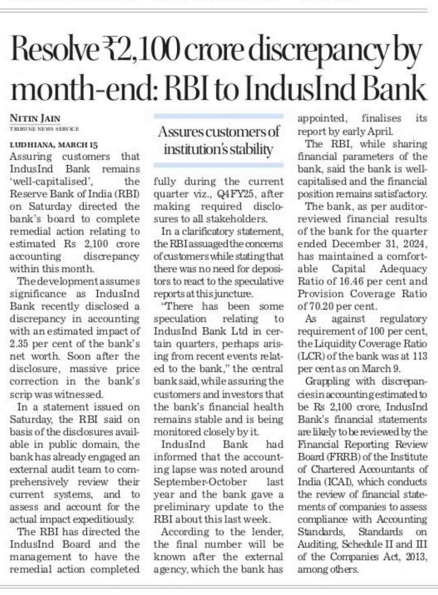 nitinthetribune's tweet photo. #TheTribuneIndia 

#BusinessNews 

#Resolve ₹2100-crore #discrepancy by month end: @RBI to @MyIndusIndBank

Report in today's The Tribune
@thetribunechd

@highlight 

@followers

@FinMinIndia 

@nsitharamanoffc 

@nsitharaman

@RBIsays

https://t.co/Ve2DD1dSxz https://t.co/9GuetbAmbE