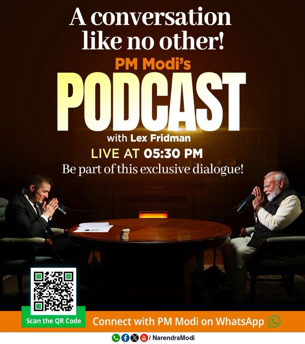 TendulkarBJP's tweet photo. An exclusive and insightful conversation! 📢 PM Modi Ji joins Lex Fridman for a special podcast—don’t miss this deep and engaging dialogue. LIVE at 5:30 PM! 🕠

#PMModiPodcast #LexFridman #ExclusiveConversation https://t.co/uvfOUiRkYb
