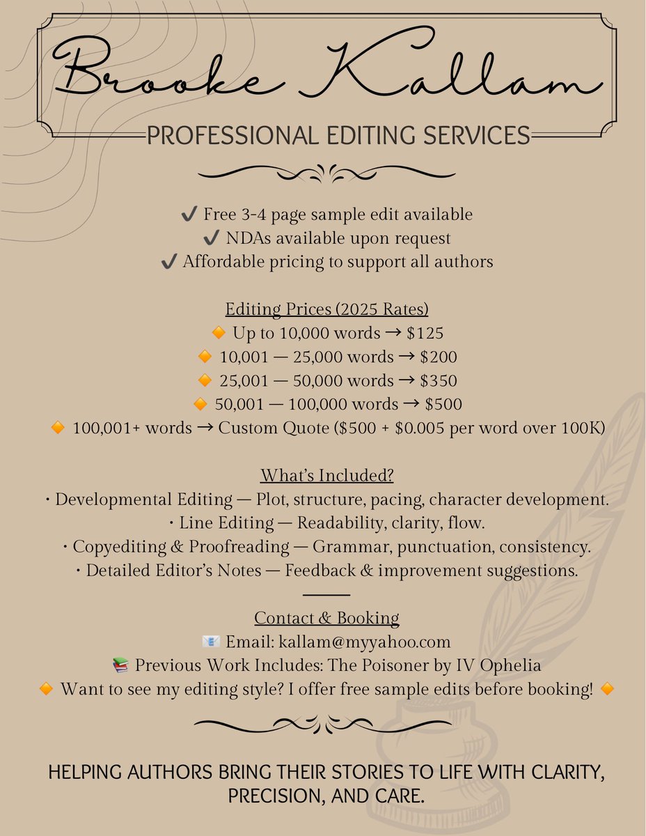 brooke_kallam's tweet image. Your words matter—make them shine! ✨ As a professional editor, I refine stories with expert precision, from developmental edits to final polish. Check out my portfolio &amp;amp; services here: linktr.ee/brookekallam #WritingCommunity #AmEditing #BookEditing
