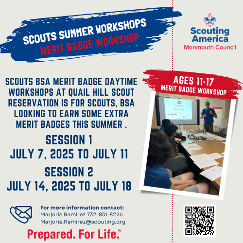 MonmouthCouncil's tweet photo. For Scouts Looking To Earn Some Extra Merit Badges. A Scout attending a specific session can earn up to 4 merit badges! https://t.co/nvuOo1DjFC #MeritBadges #Scouting https://t.co/Hp5D2omupT