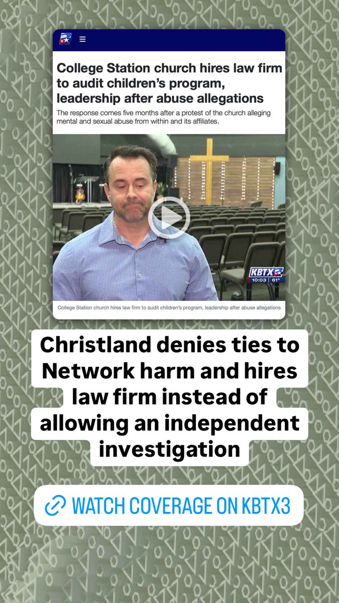 LeavingNetwork's tweet photo. CHRISTLAND HIRES LAW FIRM AMID ALLEGATIONS
After protests at the Network Texas conference, Christland denied ties to Network harm and hired a law firm instead of allowing an independent investigation.

Watch coverage on KBTX3:
https://t.co/1XIl5Qf5oF https://t.co/KT41tawWuW
