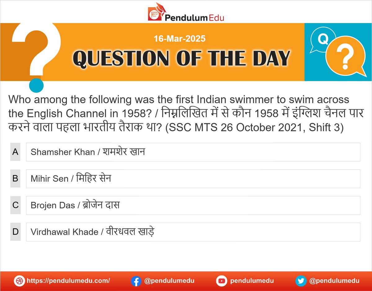 pendulumedu's tweet photo. Attempt GK Mcq by PendulumEdu to know who among the following was the first Indian swimmer to swim across the English Channel in 1958.
https://t.co/YOdioIJfkB
#GKmcq #Mathmcqs #ScienceMCQs #PolityMCQs #GeographyMCQs #AncientHistoryMCQ #QuestionofTheDay #DailyMCQs #MCQsquiz https://t.co/jWfqel1HTL