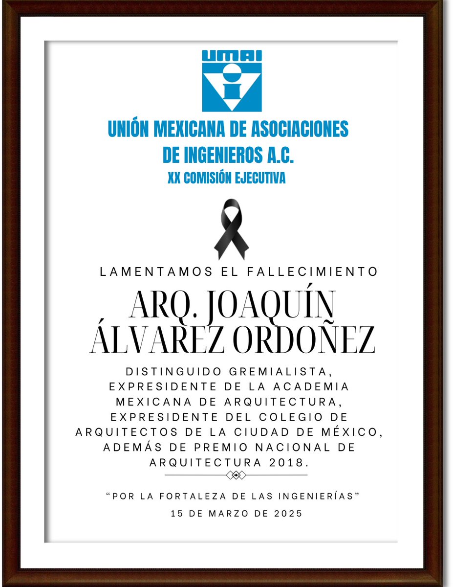 EdzonMorales's tweet photo. Con profundo pesar, me uno como VP Internacional de la @UMAI_AC para lamentar el fallecimiento del Arq. Joaquín Álvarez Ordoñez. Su legado en la arquitectura y su contribución al gremio perdurarán.
Mis condolencias a su familia y colegas. https://t.co/30ORmAyB39