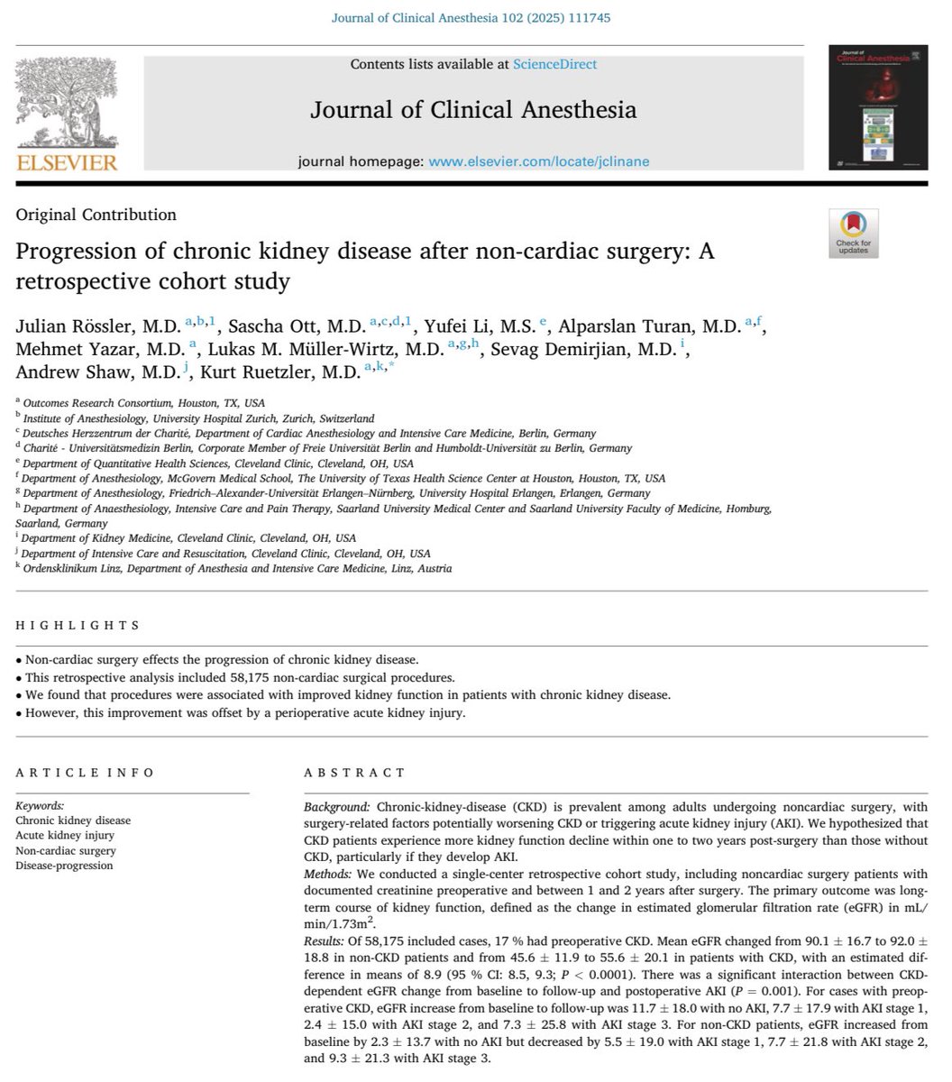 Journal of Clinical Anesthesia (@journalofclinan) on Twitter photo This retrospective analysis of 58,175 non-cardiac surgical procedures found that patients with chronic renal disease tend to improve kidney function after surgery - but only if they did not have AKI.
By <a href="/julian_roessler/">Julian Rössler, MD</a>, <a href="/KRuetzler/">Kurt Ruetzler</a>.
🔗 doi.org/10.1016/j.jcli… This retrospective analysis of 58,175 non-cardiac surgical procedures found that patients with chronic renal disease tend to improve kidney function after surgery - but only if they did not have AKI.
By <a href="/julian_roessler/">Julian Rössler, MD</a>, <a href="/KRuetzler/">Kurt Ruetzler</a>.
🔗 doi.org/10.1016/j.jcli…