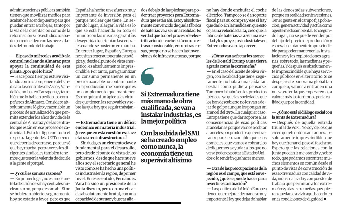 Pepe Álvarez (@sg_ugt) on Twitter photo Os dejo la entrevista hoy en <a href="/EPExtremadura/">El Periódico Extremadura</a>: “Trabajaremos para que los extremeños no tengan un salario inferior al resto”.
El SMI tiene que llegar a 1.393 euros, es decir, el 60% del salario medio en España.
Las 37,5 horas de jornada semanal es un paso para llegar a las 32. Os dejo la entrevista hoy en <a href="/EPExtremadura/">El Periódico Extremadura</a>: “Trabajaremos para que los extremeños no tengan un salario inferior al resto”.
El SMI tiene que llegar a 1.393 euros, es decir, el 60% del salario medio en España.
Las 37,5 horas de jornada semanal es un paso para llegar a las 32.