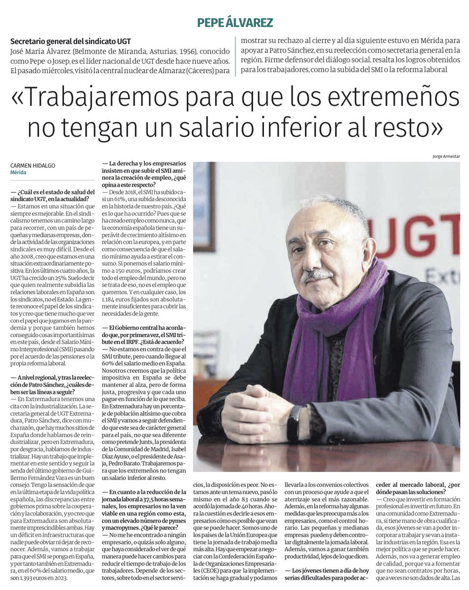 SG_UGT's tweet photo. Os dejo la entrevista hoy en @EPExtremadura: “Trabajaremos para que los extremeños no tengan un salario inferior al resto”.

El SMI tiene que llegar a 1.393 euros, es decir, el 60% del salario medio en España.

Las 37,5 horas de jornada semanal es un paso para llegar a las 32. https://t.co/PuAeQXLMPR