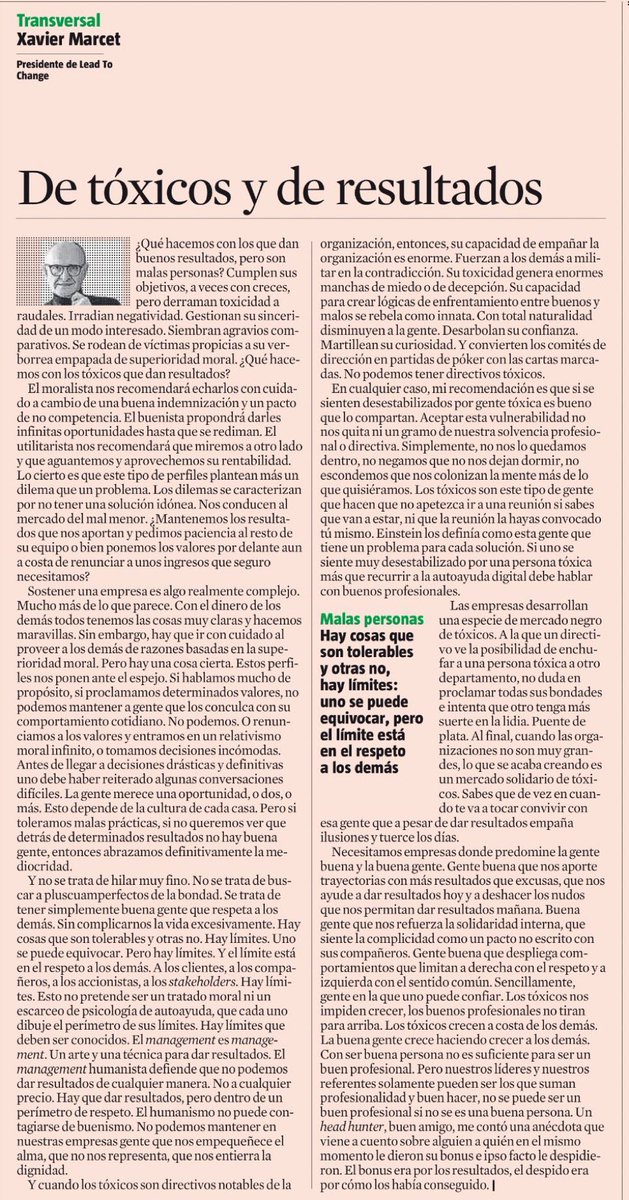Mónica Vázquez Calatayud (@calatayudmonica) on Twitter photo 🧐 👏🏻
✨¿Qué hacemos con los que dan resultados, pero son tóxicos? Cumplen objetivos, pero erosionan equipos. ¿Los mantenemos por su rentabilidad o ponemos los valores por delante? Liderar exige decidir: resultados sí, pero no a cualquier precio.
Por <a href="/XavierMarcet/">Xavier Marcet</a> <a href="/LaVanguardia/">La Vanguardia</a> 🧐 👏🏻
✨¿Qué hacemos con los que dan resultados, pero son tóxicos? Cumplen objetivos, pero erosionan equipos. ¿Los mantenemos por su rentabilidad o ponemos los valores por delante? Liderar exige decidir: resultados sí, pero no a cualquier precio.
Por <a href="/XavierMarcet/">Xavier Marcet</a> <a href="/LaVanguardia/">La Vanguardia</a>