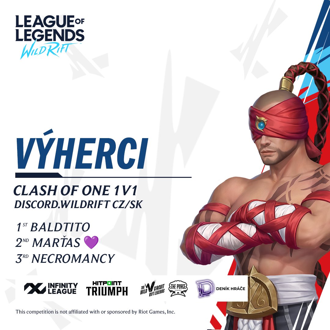 🏆 CLASH OF ONE 1V1 – VÍTĚZOVÉ! 🏆

🔥 Gratulace šampionům:
🥇 BALDTITO
🥈 MARŤAS 💜
🥉 NECROMANCY

Děkujeme všem, kdo se zapojili! 🎉 Sledujte nás pro další akce a turnaje na bit.ly/DiscordWildrif…