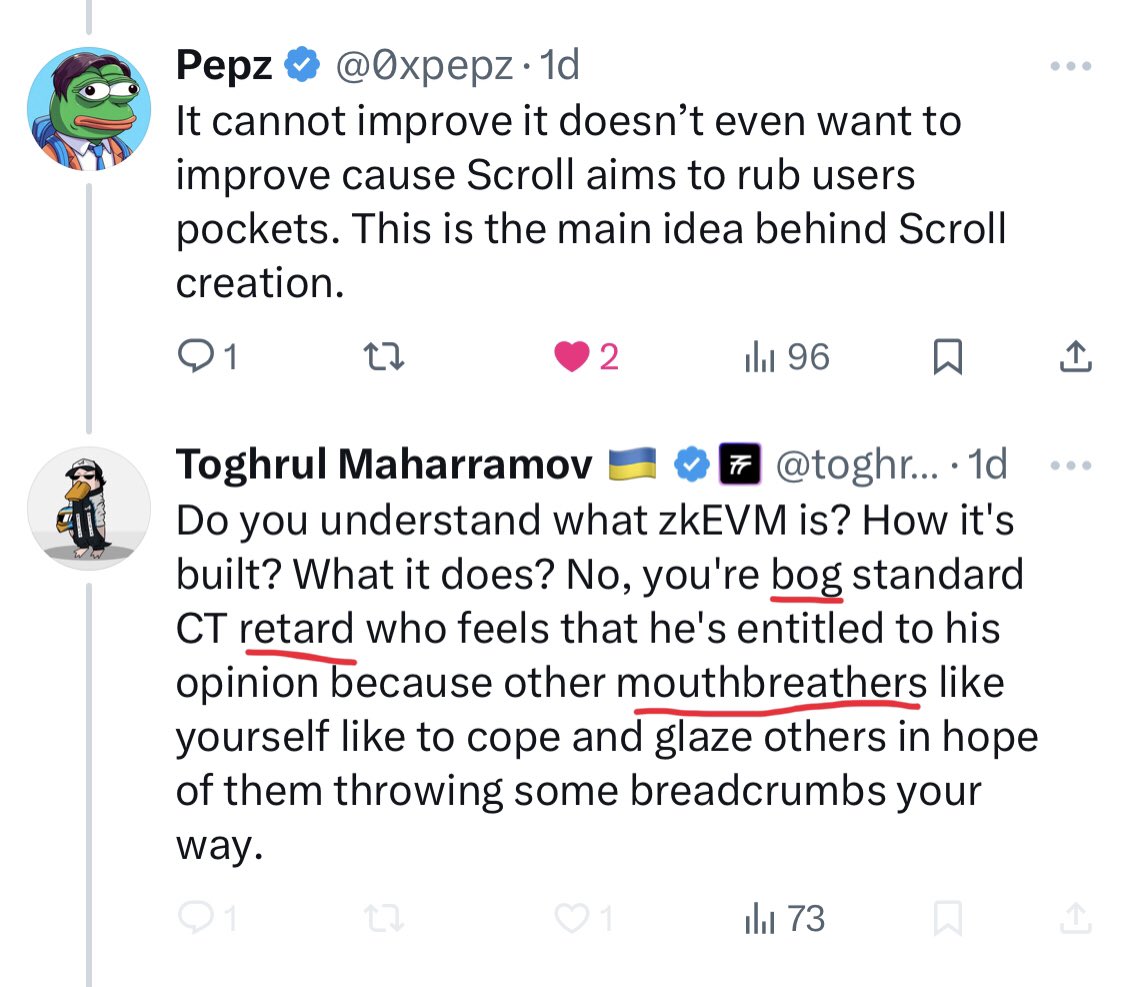 0xpepz's tweet photo. Shout out to all of @movementlabsxyz haters. @toghrulmaharram is an example for you👇

He doesn’t even have balls to to discuss about his accusations to Movement. He just blocked me cause he knew he was wrong about his accusations. 

Why I said that he is jealous of Movement?! 

Cause this was not his first time accusing Movement (look at the date in pictures)

What happened when Toghrul spread FUD about Movement then?
Nothing! Movement had a great successful launch.

What happened when Toghrul spread FUD about Movement yesterday?
Again Nothing!!! But also $MOVE price jumped 3% 😄

Put all of that in one side and now let me show you his manner. He is the most rude crypto expert I ever seen (look at the pictures)

Your nothing but a jealous punks.

You accused Movement? So you should discuss about that not blocking people.

@rushimanche @mer_q_tio