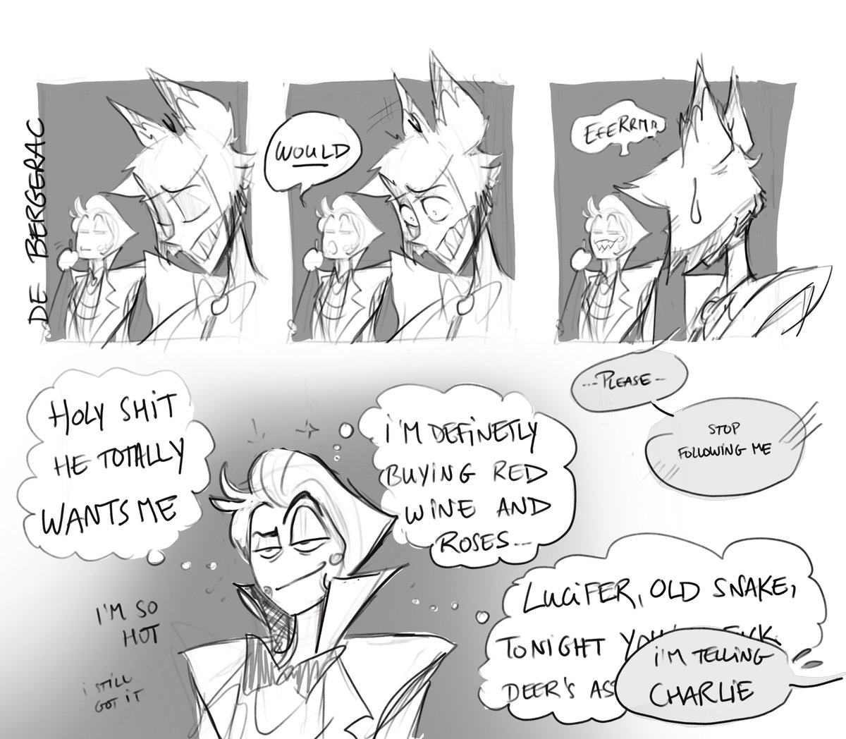 Old habits die hard. 
The old devil is inefficiently deer hunting. 
That was so impulsive of me. 

Why the hell am I posting here ?…!

#hazbinhotel #alastor #lucifer #radioapple #appleradio #charliemorningstar #lucifermorningstar