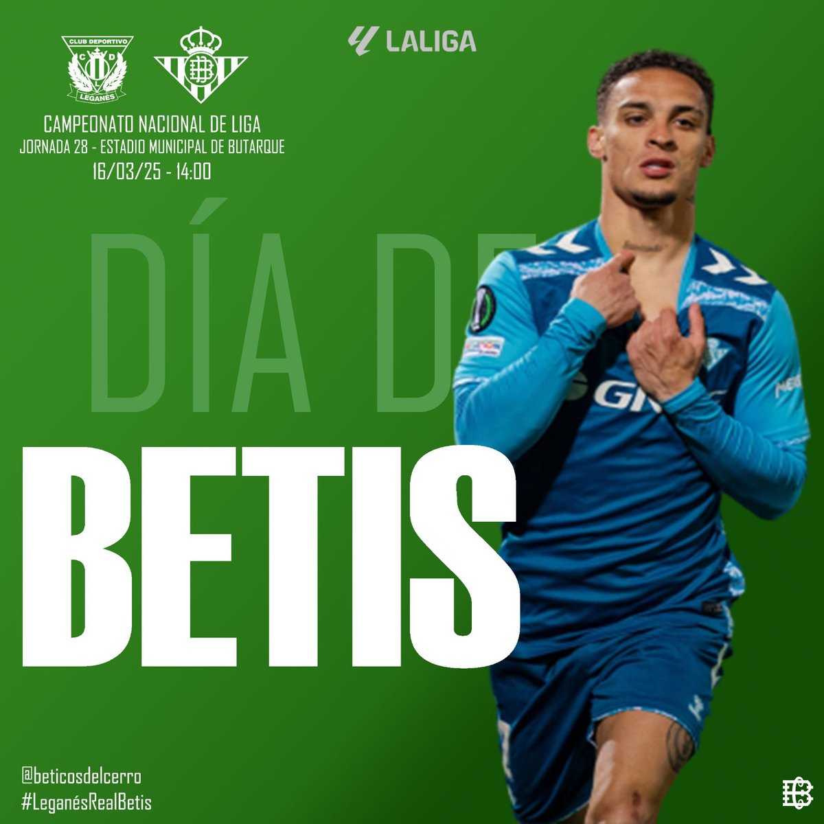 ¡Día de 𝘽𝙀𝙏𝙄𝙎!
#LeganesRealBetis #RealBetis #Betis #BeticosdelCerro
🔵 Leganés - Real Betis 🟢
🏟 Estadio Municipal de Butarque
🏆 LaLiga EA Sports
🕑 14:00
📺 Movistar (dial 54)